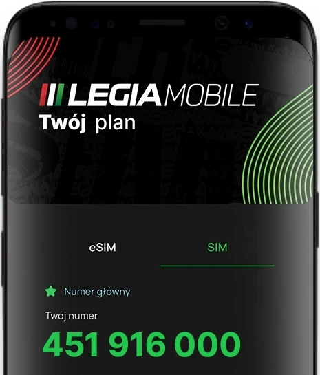 Ekran aplikacji Legia Mobile z numerem telefonu i aktywnym pakietem